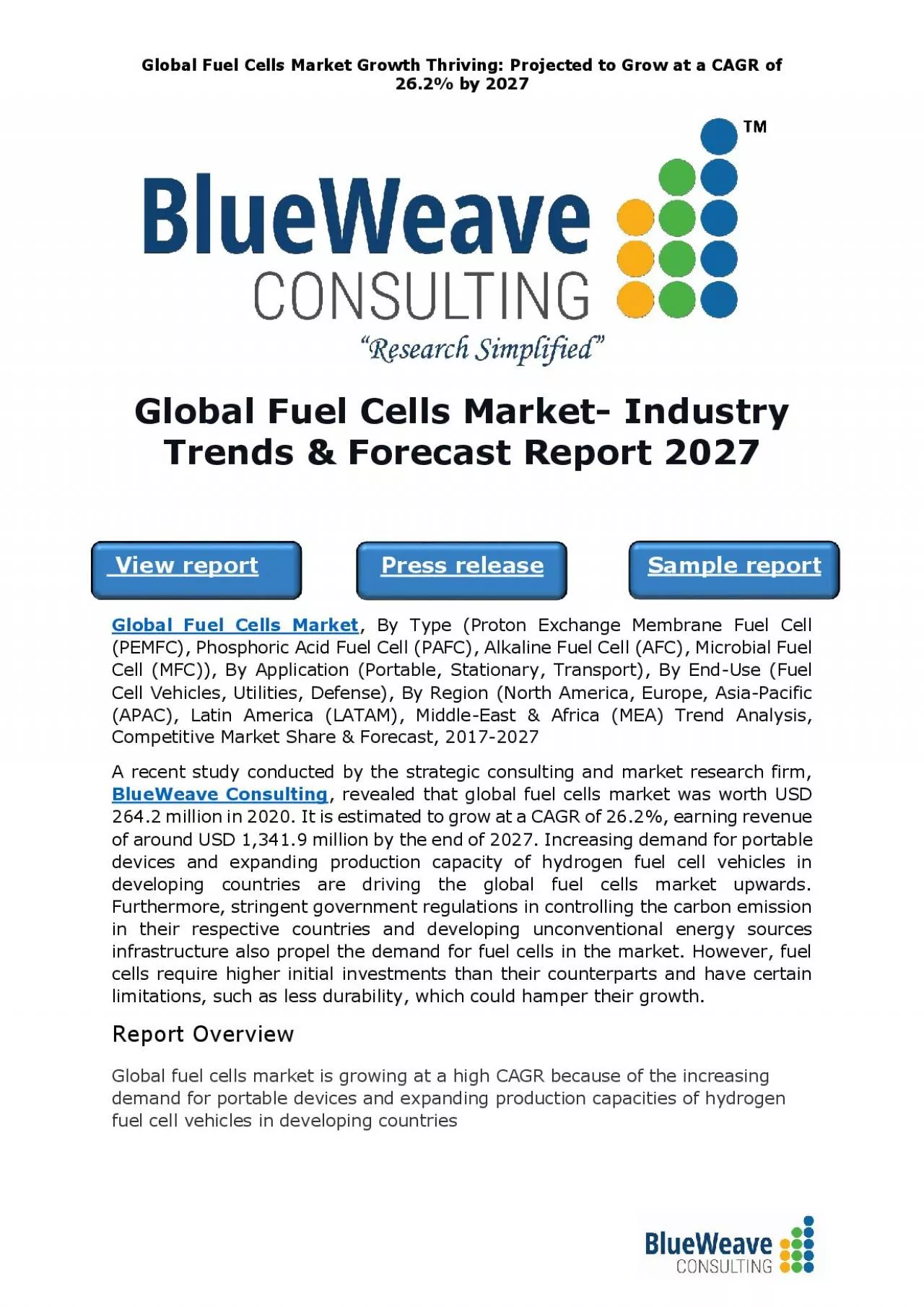 PDF-Global Fuel Cells Market- Industry Trends & Forecast Report 2027