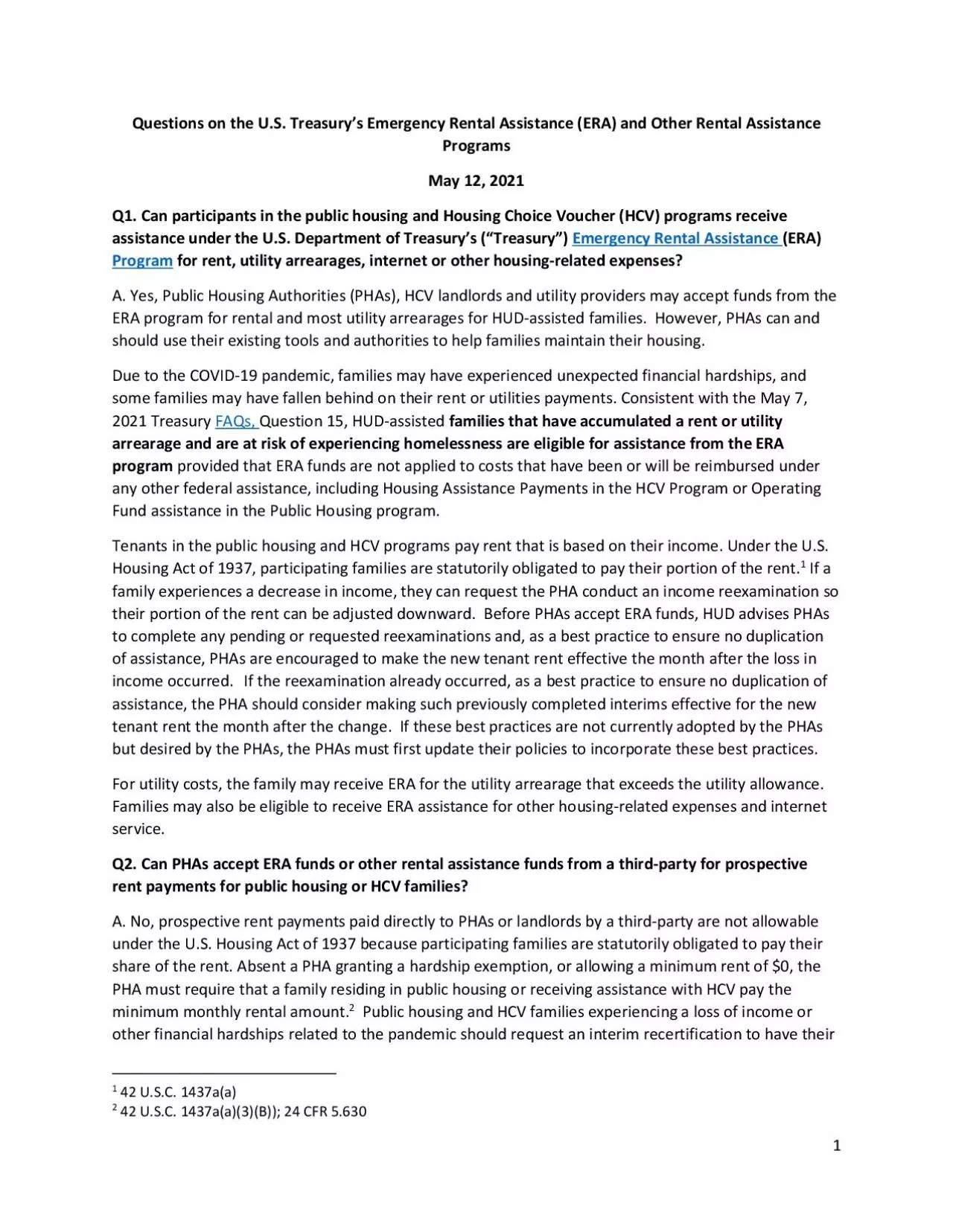 PDF-Questions on the US Treasurys Emergency Rental Assistance ERA and Othe