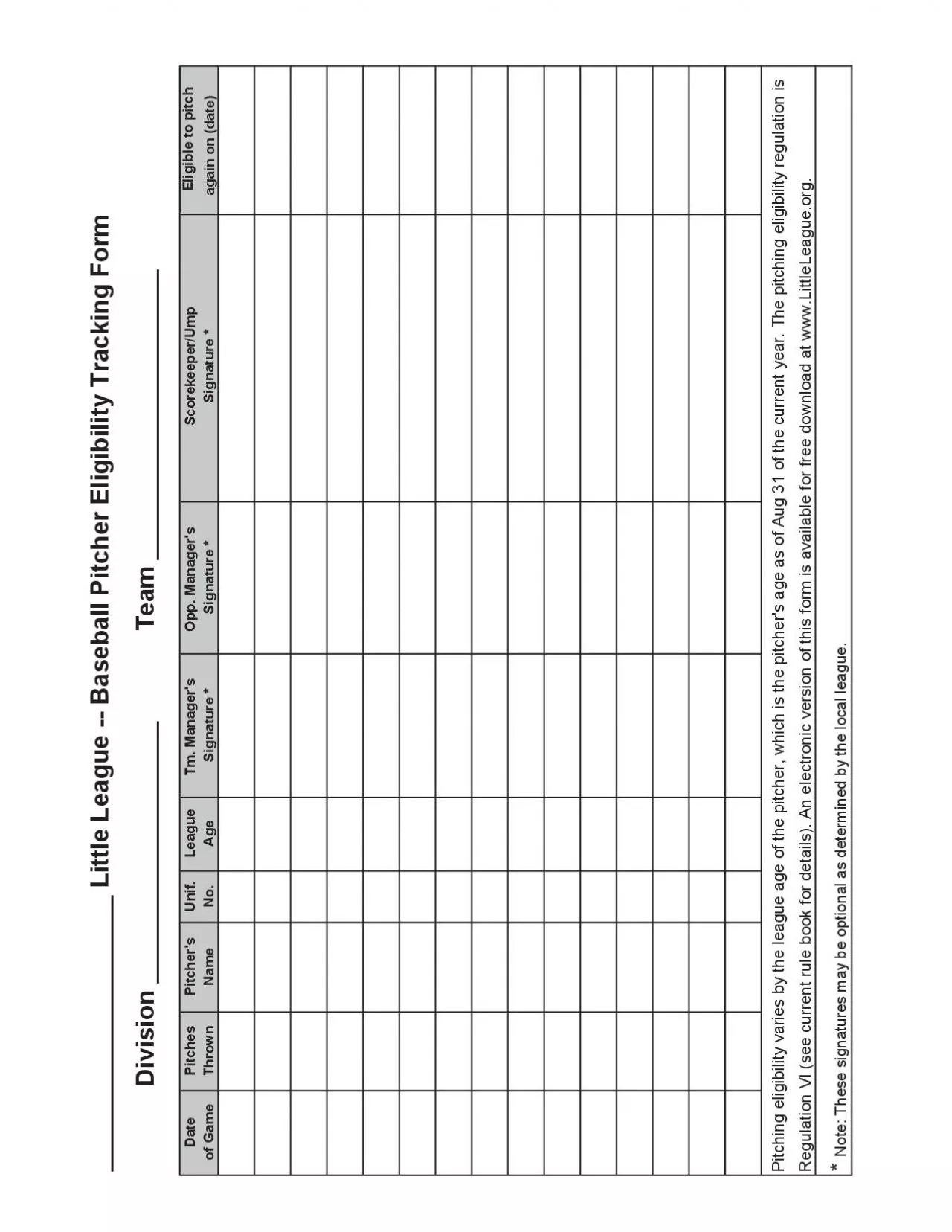 PDF-Little League Baseball Pitcher Eligibility Tracking FormDivision