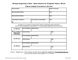 Michigan Department of State  DealerSelection forDesignatedBranchOffi