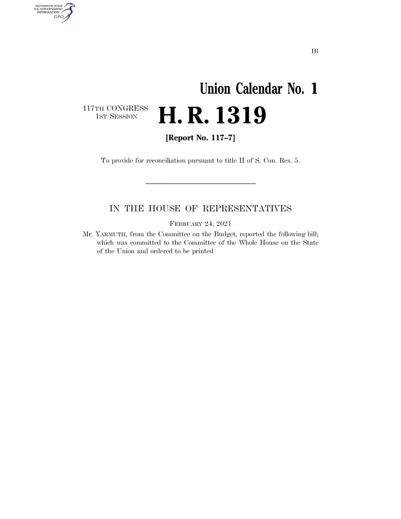 PDF-IB Union Calendar No 1 117THCONGRESS 1STSESSION H R 1319 Report No 117