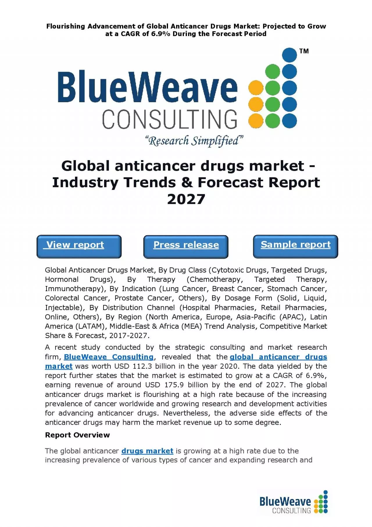 PDF-Flourishing Advancement of Global Anticancer Drugs Market: Projected to Grow at a CAGR