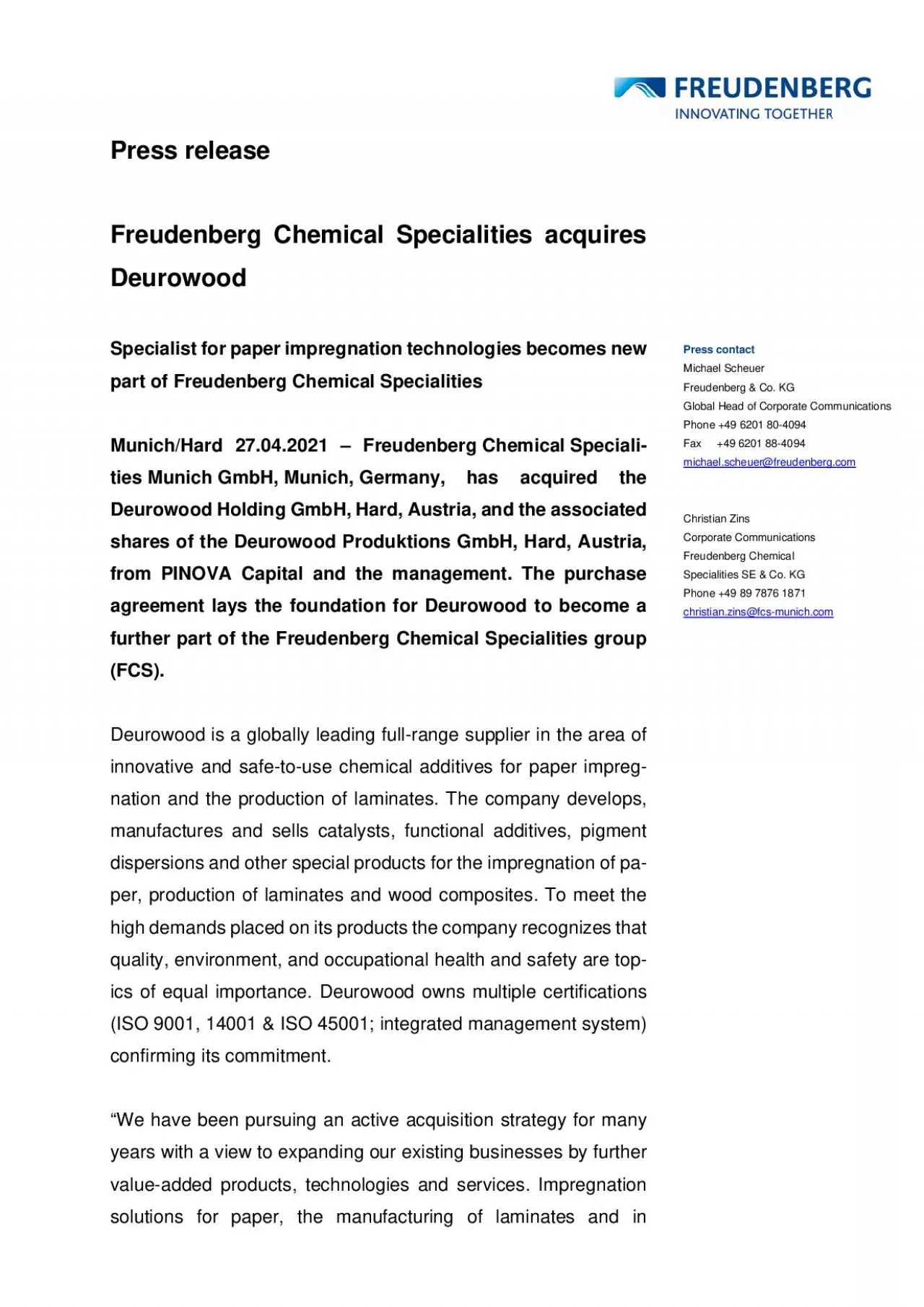 PDF-Freudenberg Chemical Specialities acquires part of Freudenberg Chemica