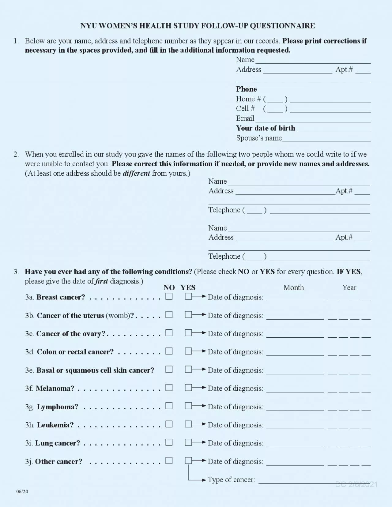 PDF-NYU WOMEN146S HEALTH STUDY FOLLOWUP QUESTIONNAIRE