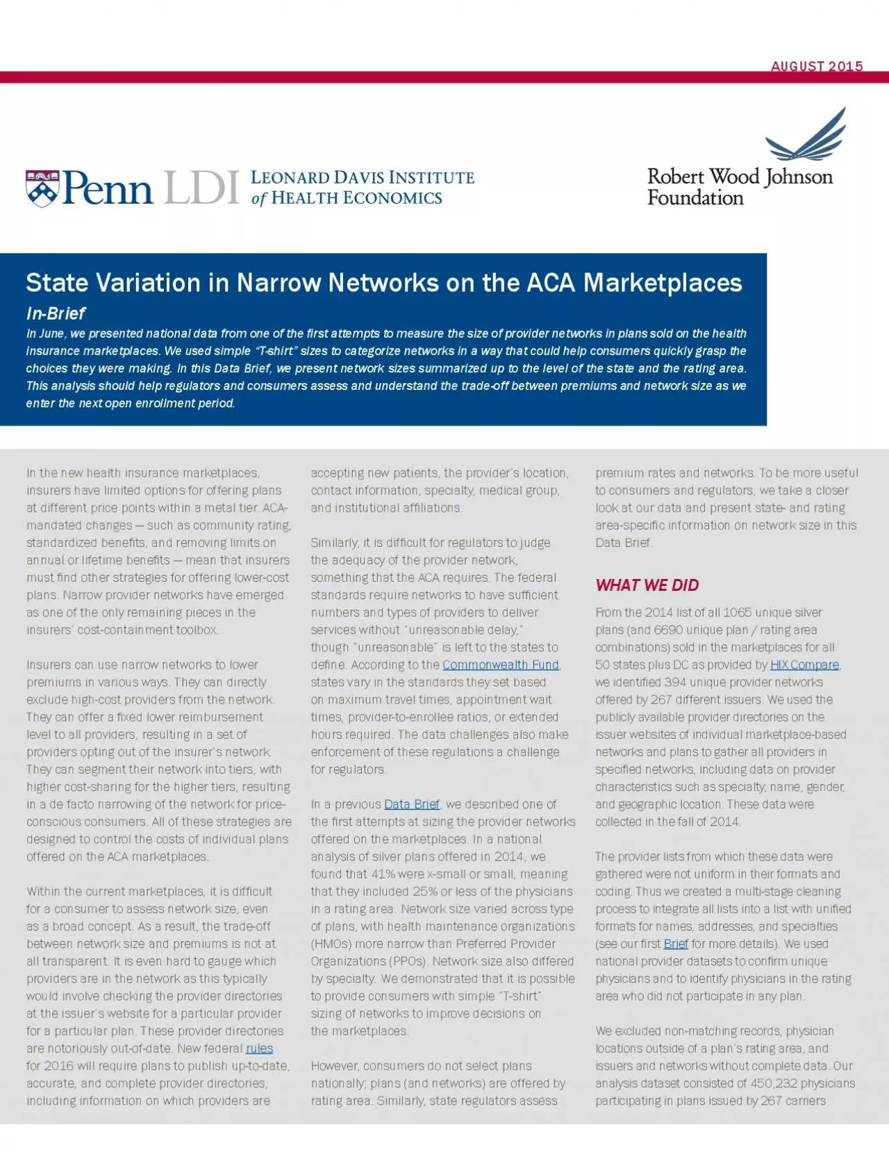 PDF-State Variation in Narrow Networks on the ACA Marketplaces