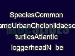 SpeciesCommon NameUrbanCheloniidaesea turtlesAtlantic loggerheadN  be