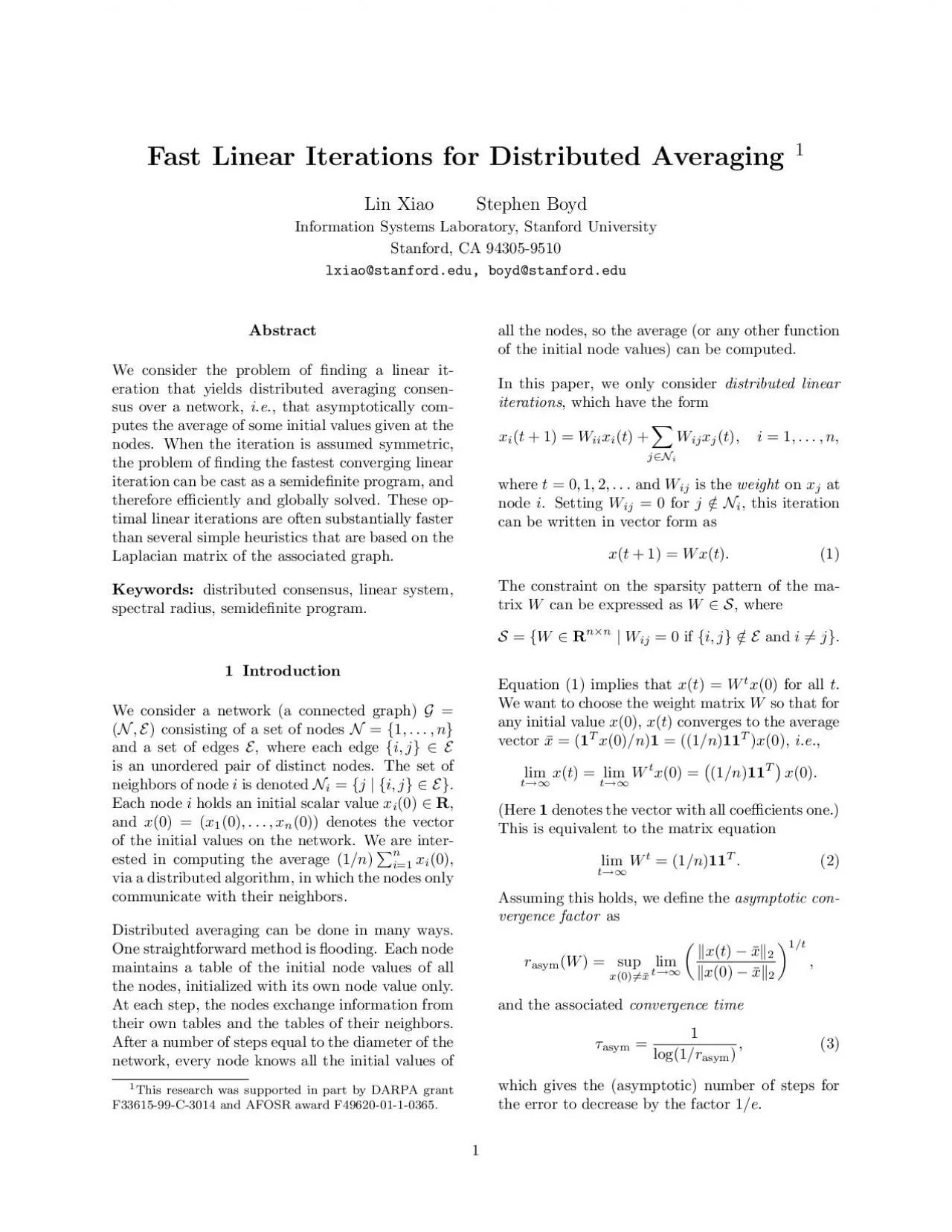 PDF-FastLinearIterationsforDistributedAveraging1LinXiaoStephenBoydInformat