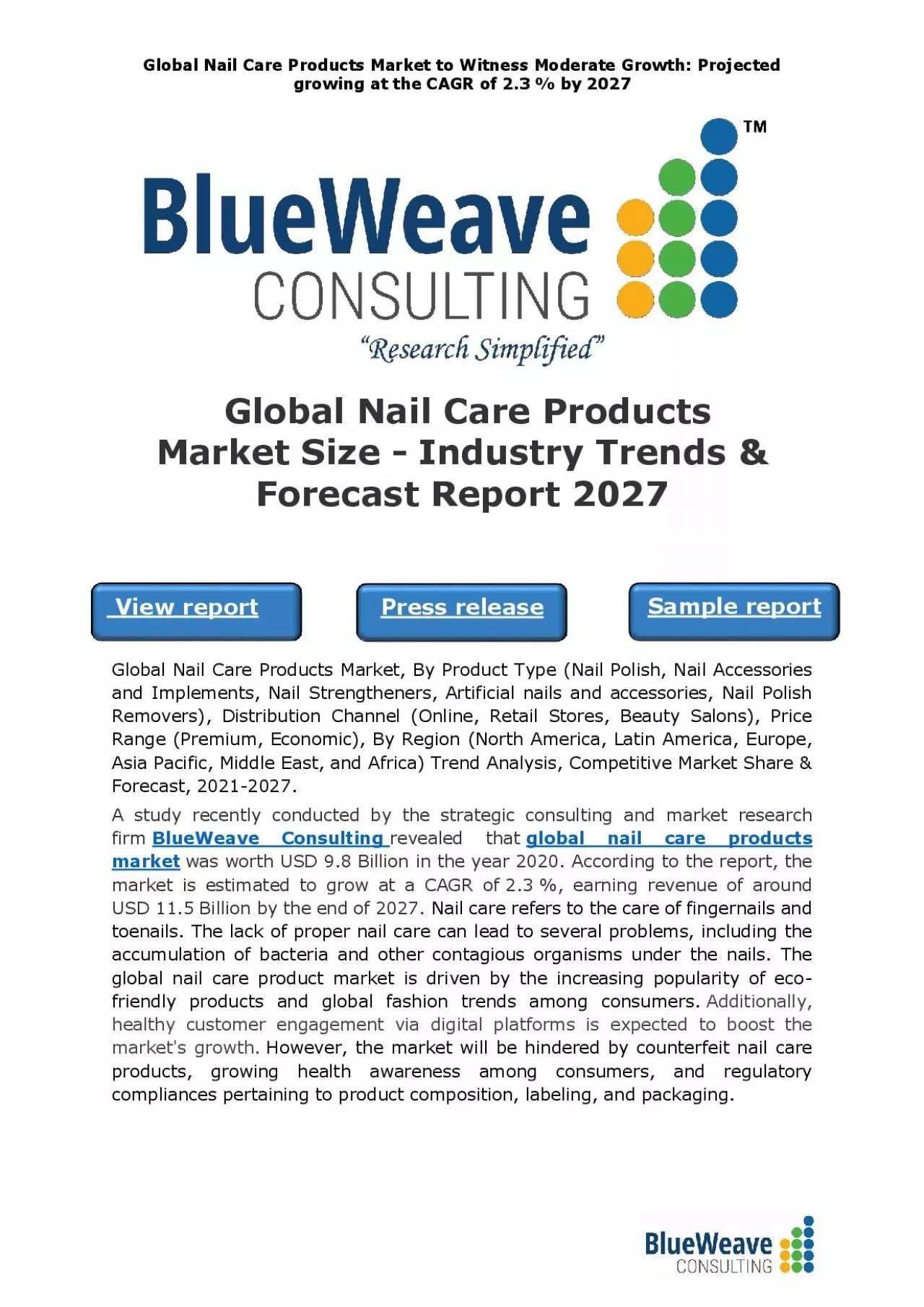 PDF-Global Nail Care Products Market Size - Industry Trends & Forecast Report 2027