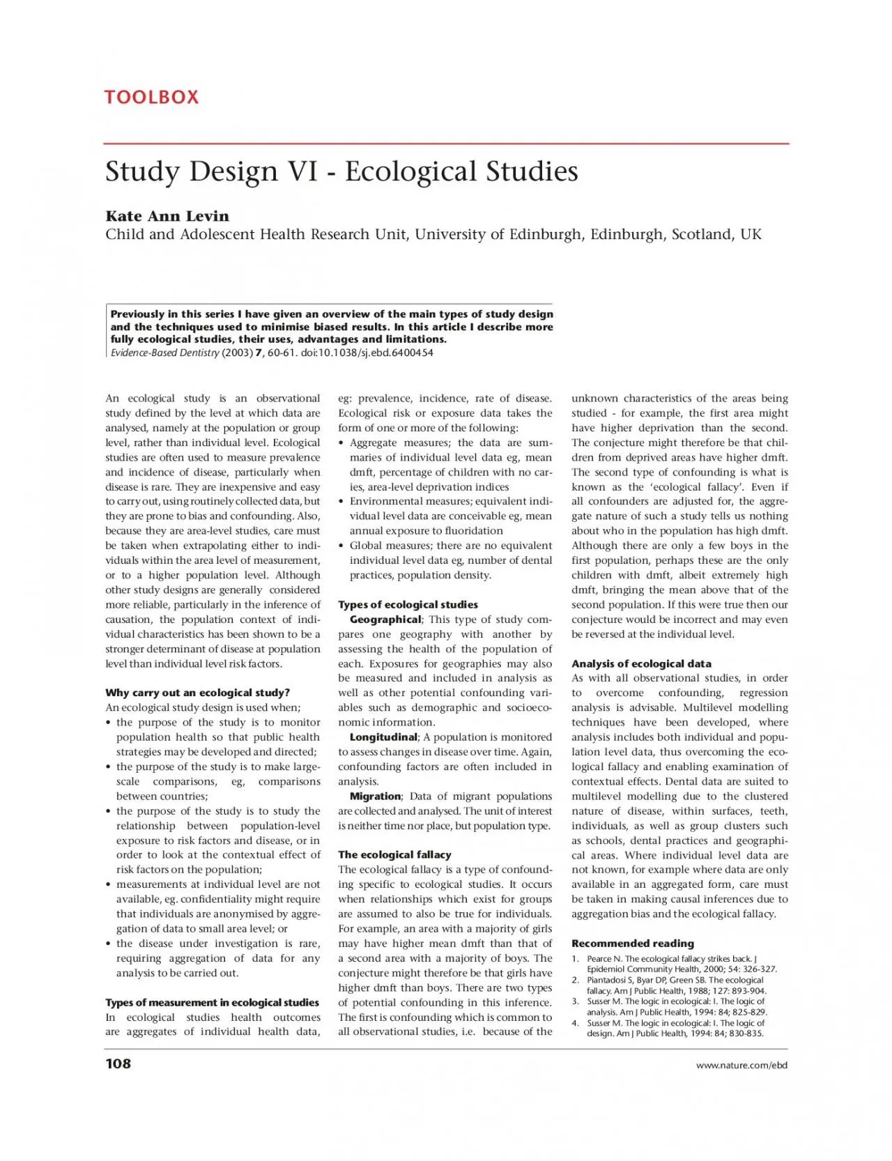 PDF-Study Design VI Ecological StudiesKate Ann LevinChild and Adolescent