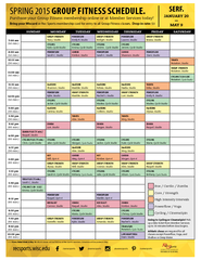SPRING 2015 GROUP FITNESS SCHEDULE.Purchase your Group Fitness membership online or at Member Services today!Bring your Wiscard or Rec Sports membership card for entry to all Group Fitness classes.  Drop-in rate:
...