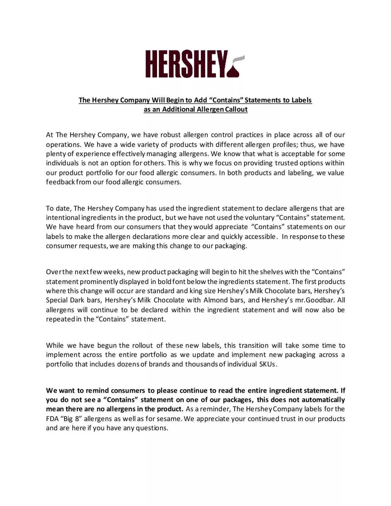 PDF-The Hershey Company Will Begin to Add Contains Statements to Labels