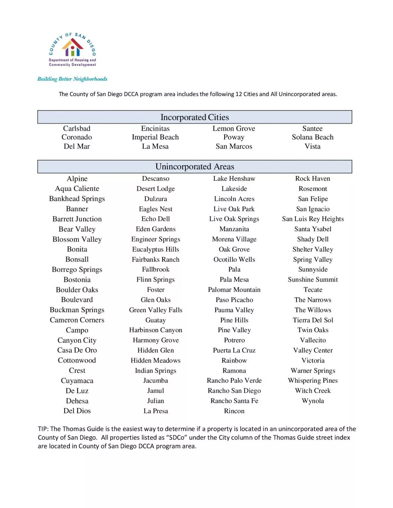 PDF-The County of San Diego DCCAprogram area includes the following Cities