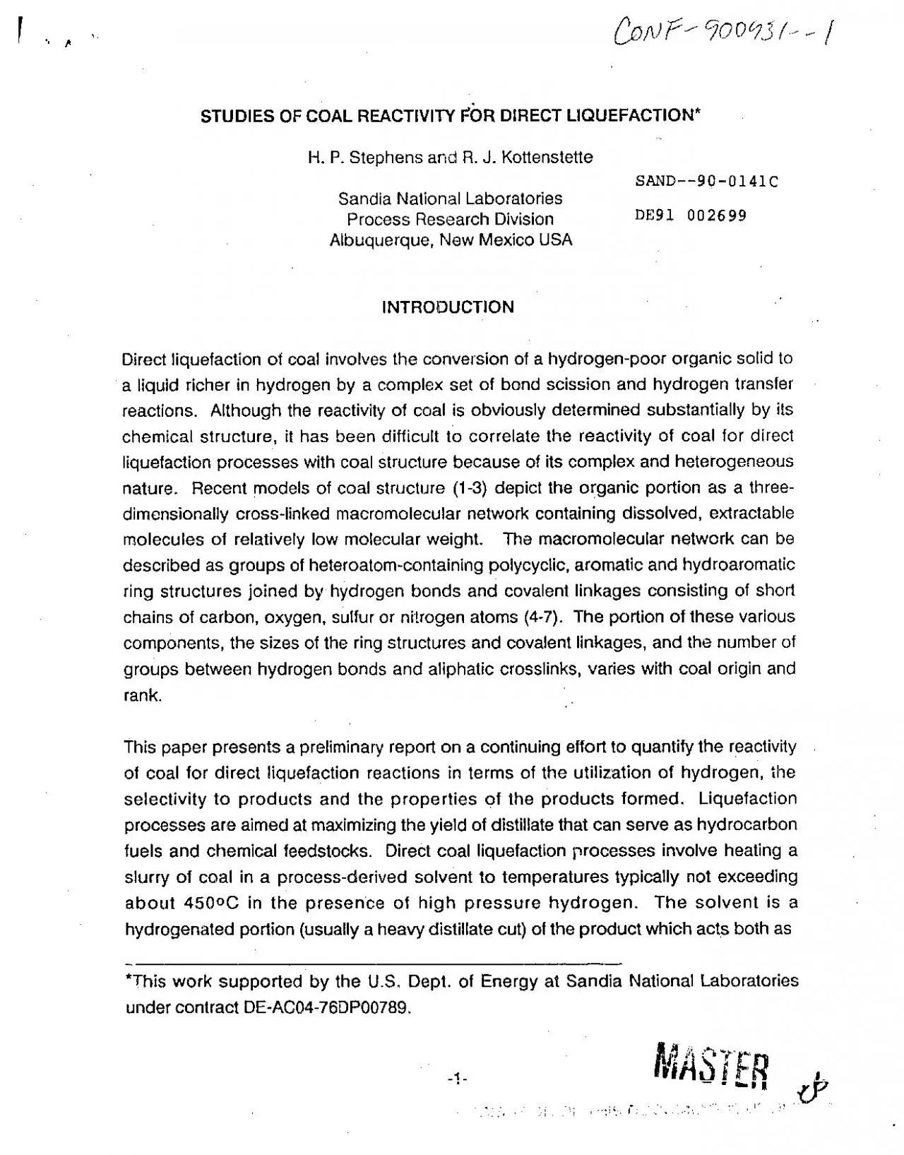 PDF-STUDIESOFCOALREACTIVITYFDRDIRECTLIQUEFACTIONHPStephensandRJKottenstett