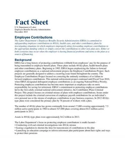 Fact Sheet US Department of Labor Employee Benefits Security Administr