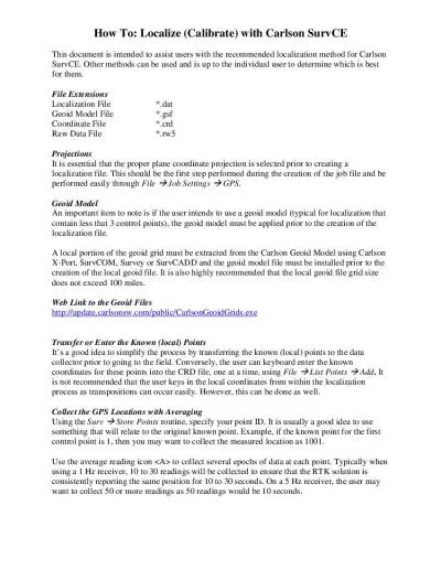 How To Localize Calibrate with Carlson SurvCE  his document is intende