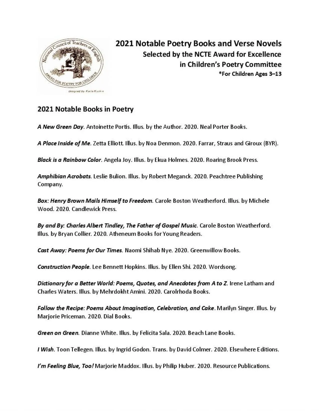 PDF-2021 NotablePoetry Books and Verse NovelsSelected by the NCTE Award fo