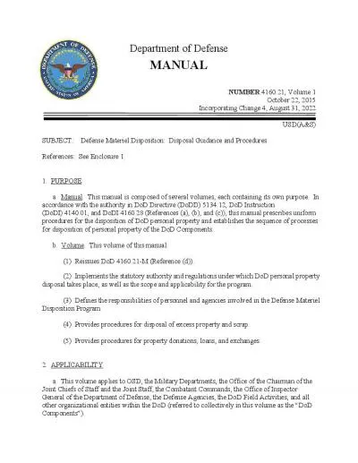 Department of DefenseMANUALNUMBERVolumeOctober 22 2015Incorporating Ch