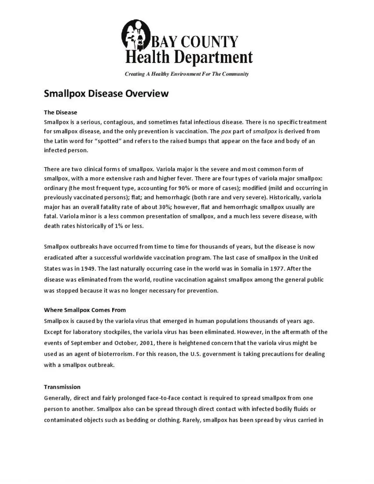 PDF-Creating A Healthy Environment For The Community SmallpoxDiseaseOvervi