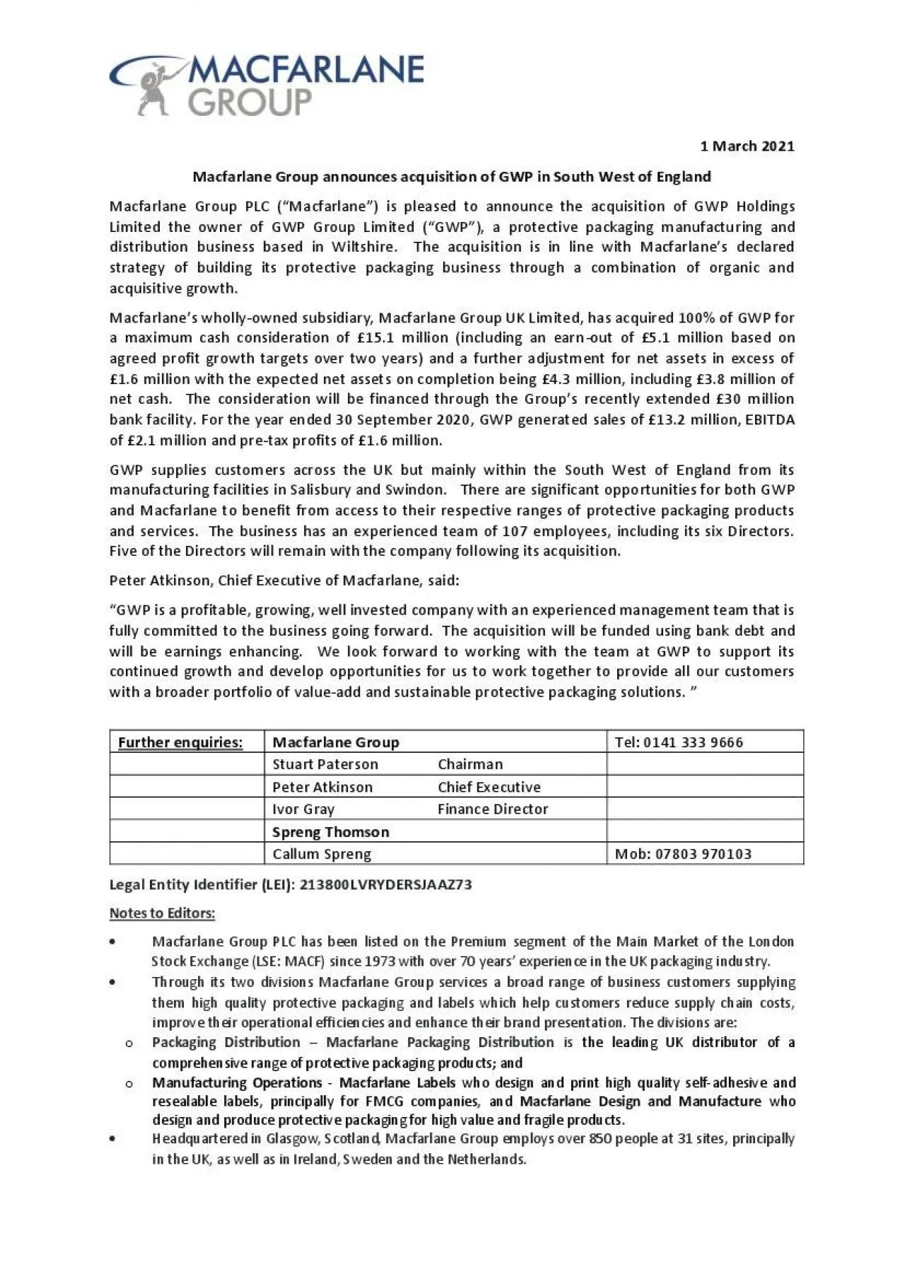 PDF-Macfarlane Group announces acquisition of GWP in South West of England