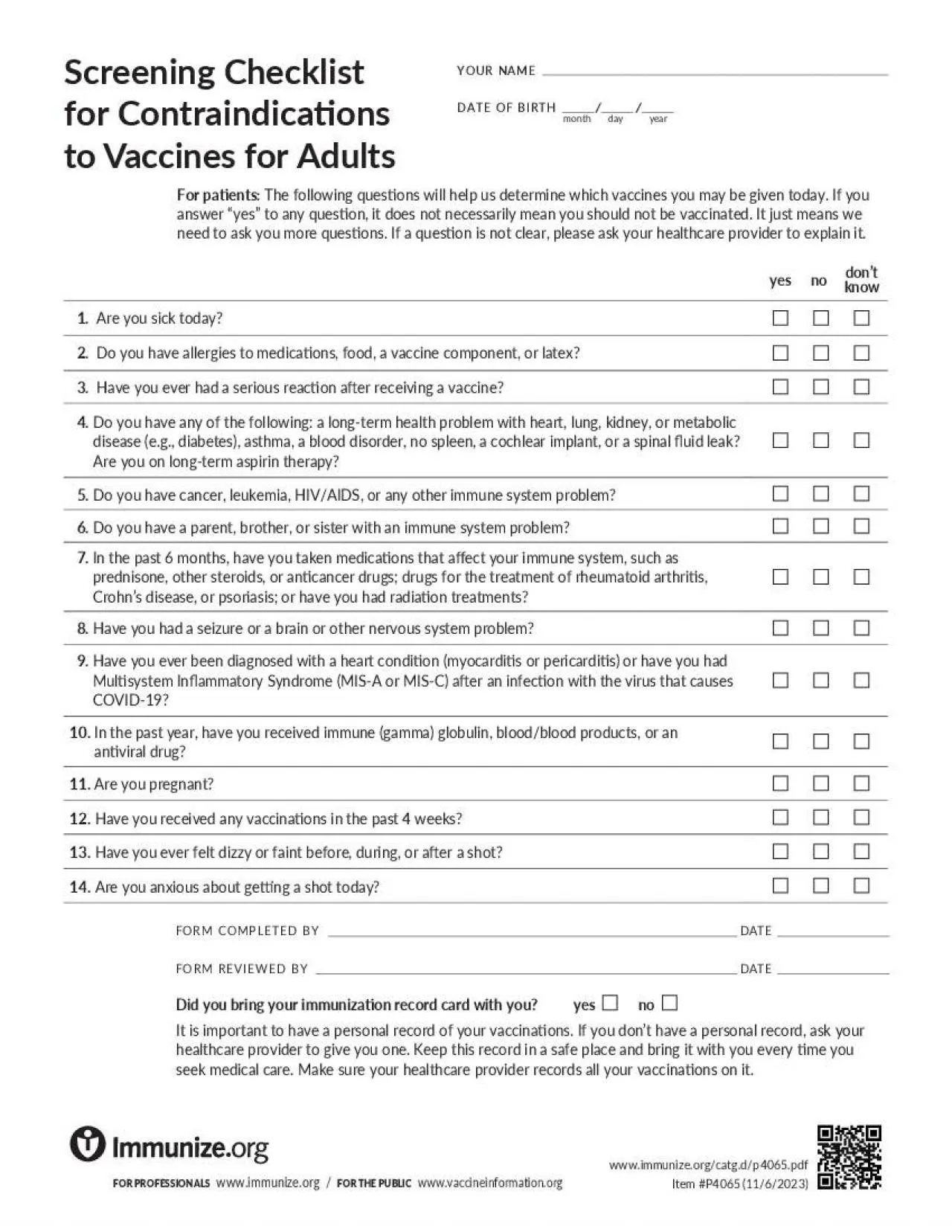 PDF-Screening Checklist Contraindications to Vaccines for Adultspatient na