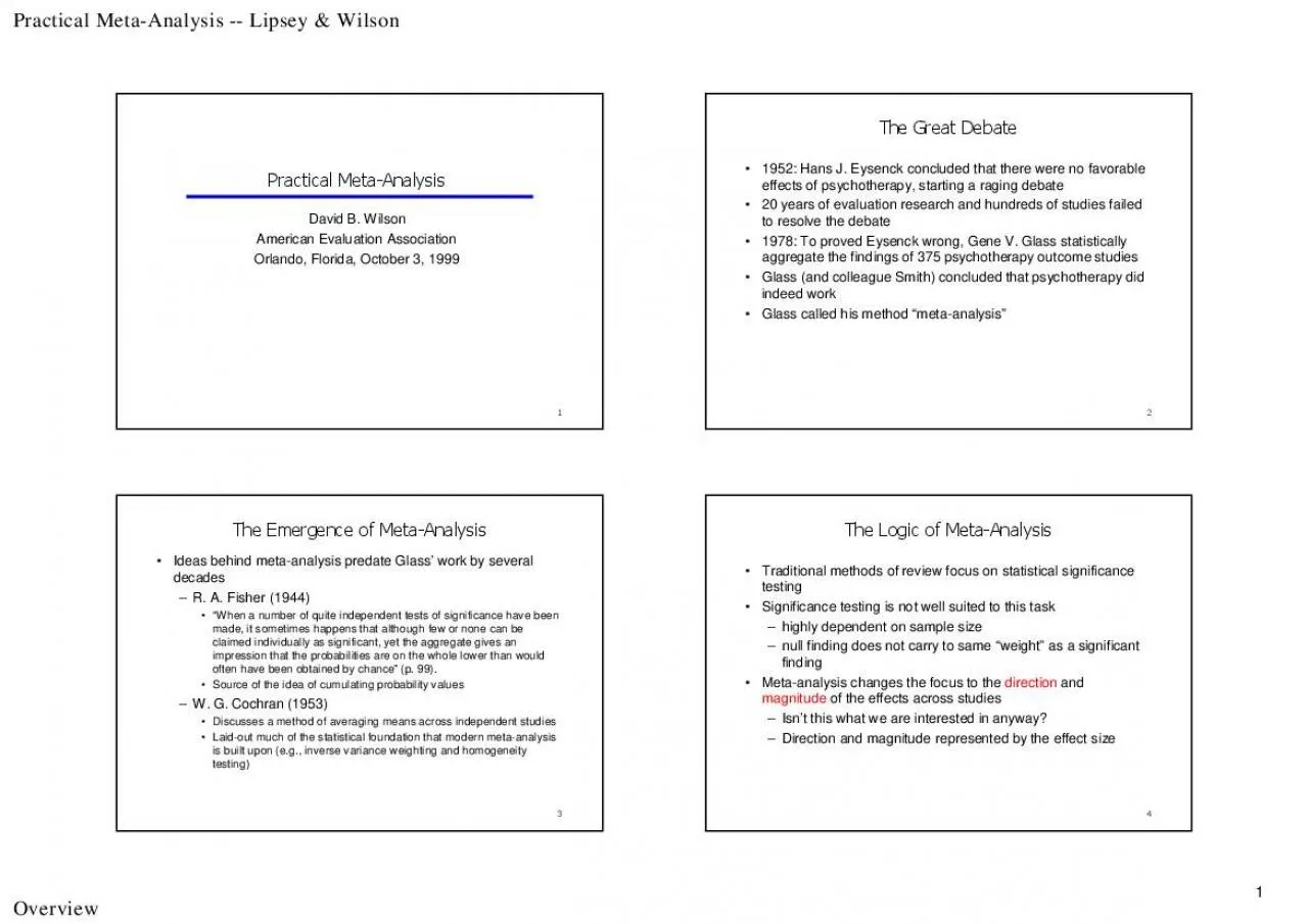 PDF-Practical MetaAnalysis Lipsey WilsonOverview