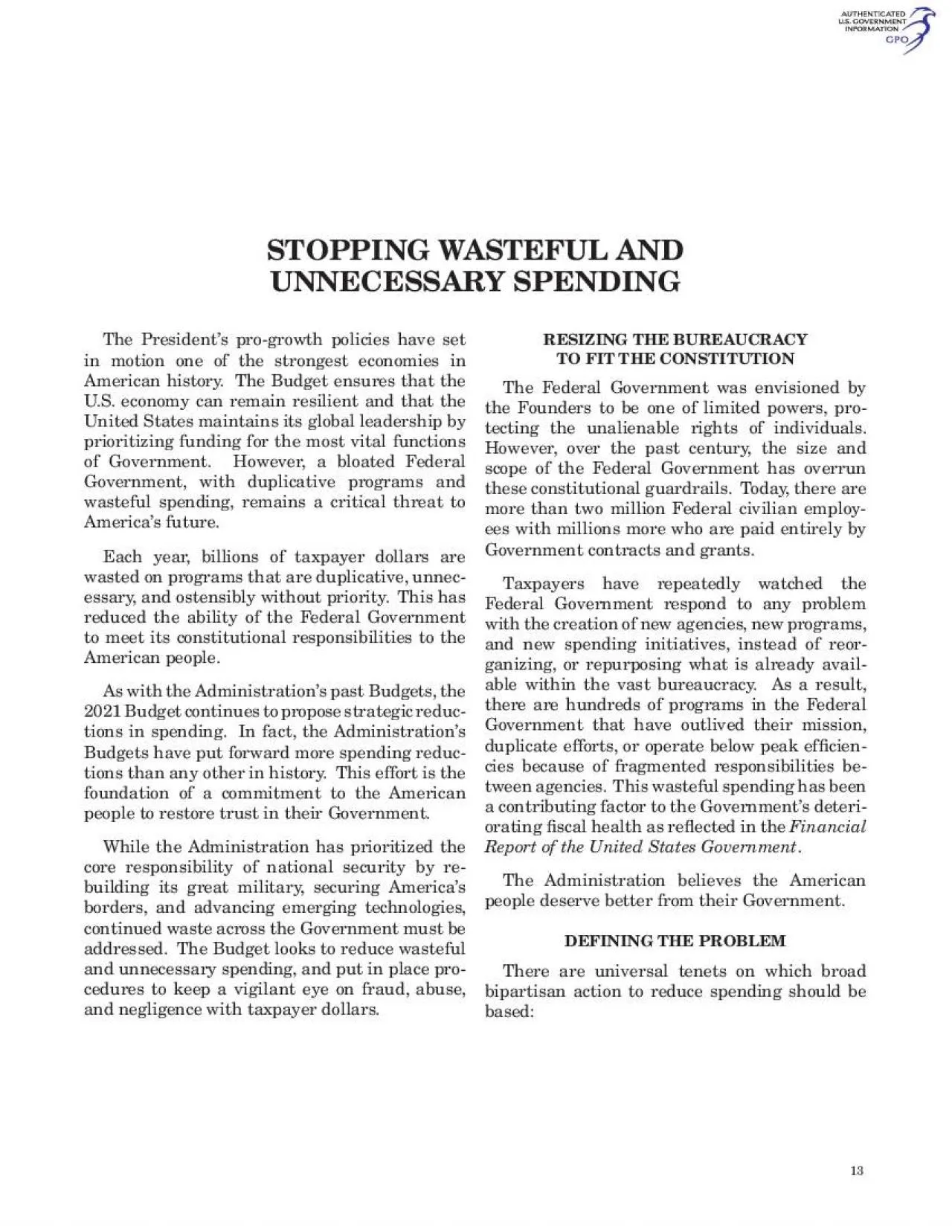 PDF-STOPPING WASTEFUL AND The President146s progrowth policies have set A