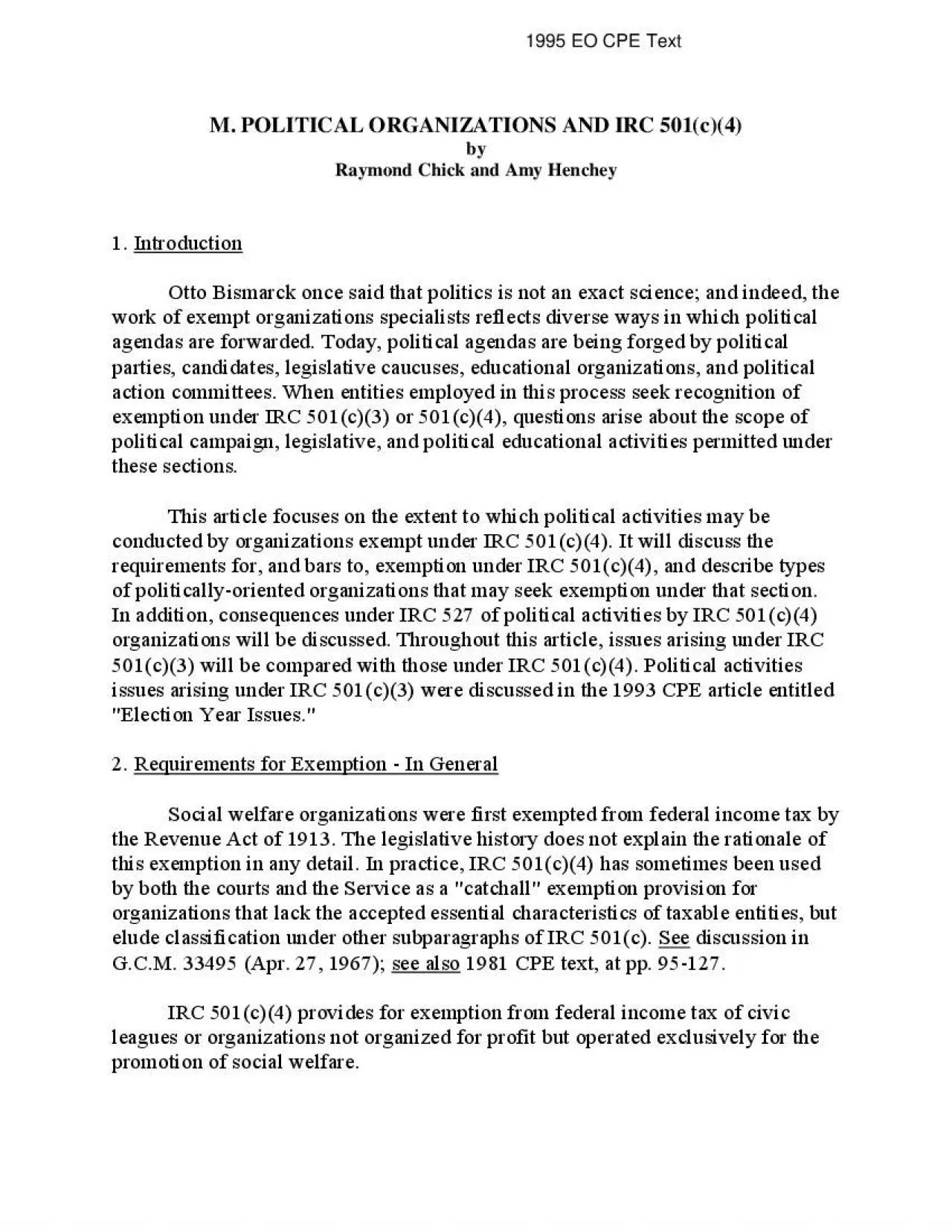 PDF-POLITICAL ORGANIZATIONS AND IRC 501c4Raymond Chick and Amy Henchey