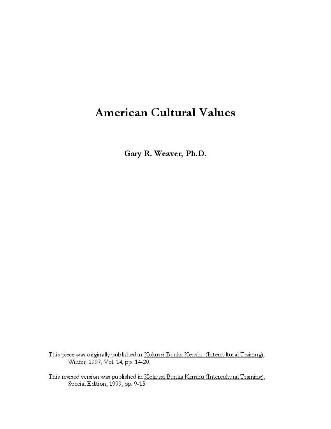 PDF-American Cultural Values Gary R Weaver PhD This piece was origin