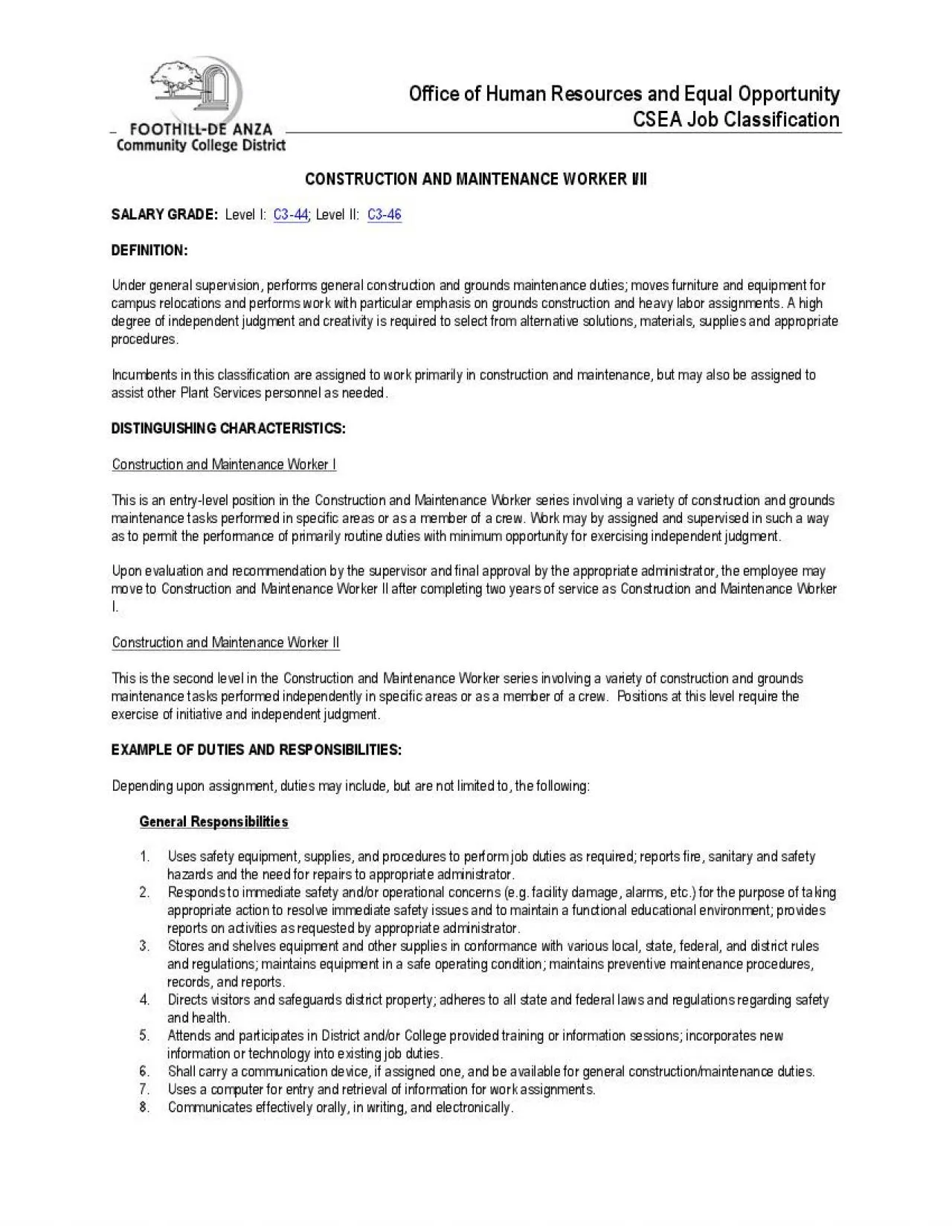 PDF-Construction and Maintenance Worker I This is an entrylevel position