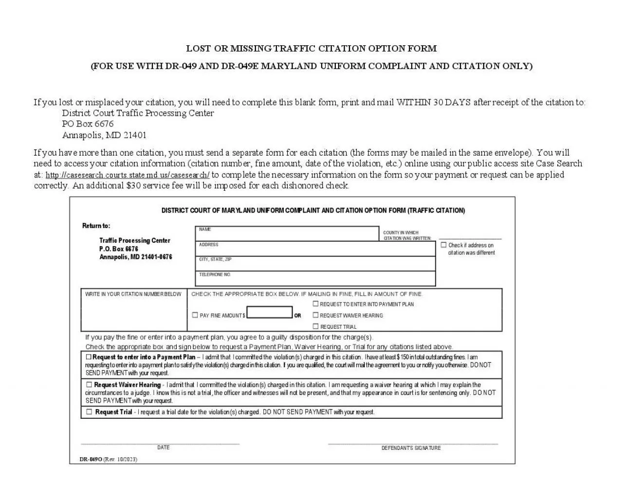 PDF-DISTRICT COURT OF MARYLAND UNIFORM COMPLAINT AND CITATION OPTION FORM