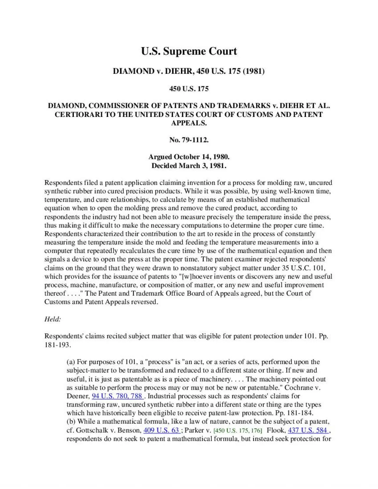 PDF-DIAMOND COMMISSIONER OF PATENTS AND TRADEMARKS v DIEHR ET AL CERTIORA