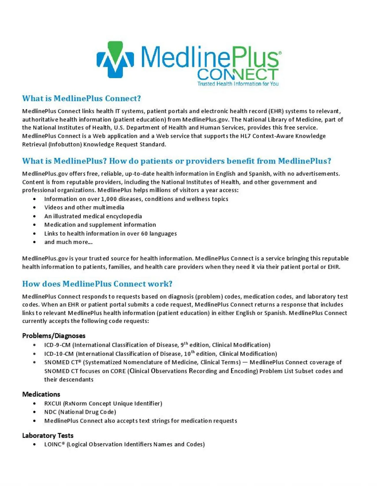 PDF-What is MedlinePlus ConnectWhat is MedlinePlus ConnectMedlinePlus Conn