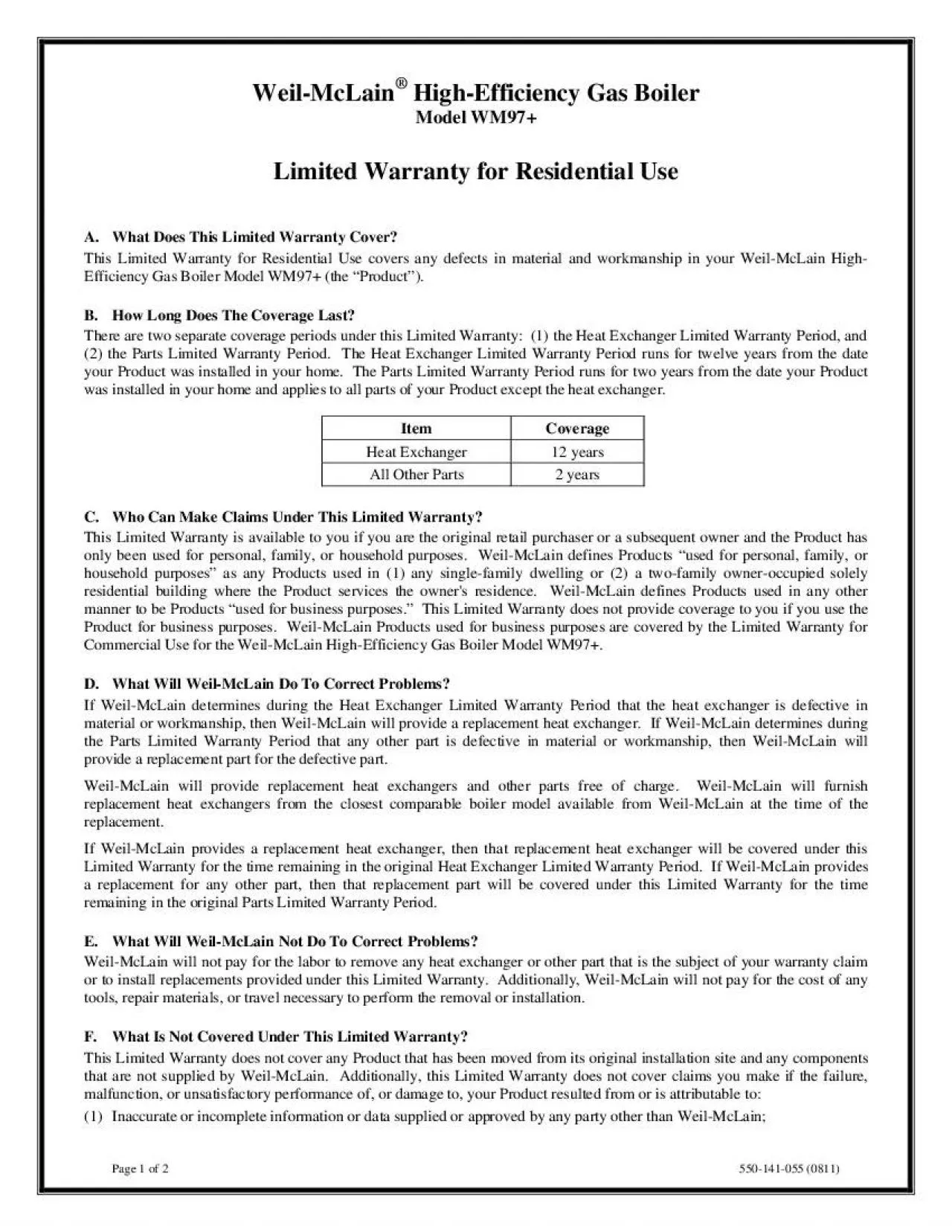 PDF-HighEfficiency Gas Boiler Limited Warranty for Residential Use Page 1