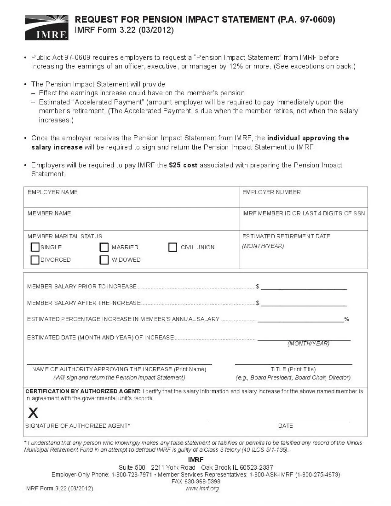 PDF-REQUEST FOR PENSION IMPACT STATEMENT PA 970609IMRF Form 322 032012Pu