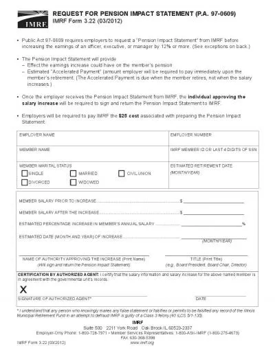 REQUEST FOR PENSION IMPACT STATEMENT PA 970609IMRF Form 322 032012Pu