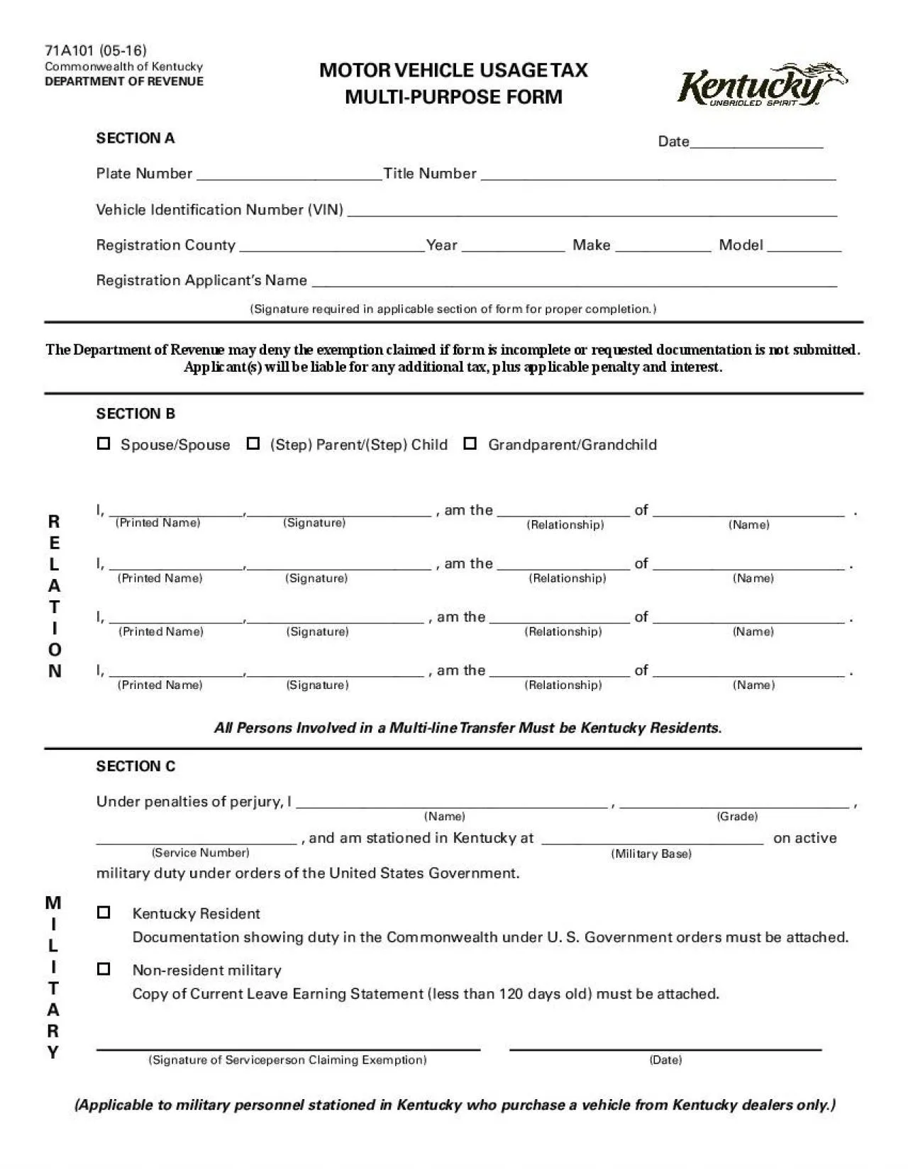 PDF-71A101 0516Commonwealth of KentuckyDEPARTMENT OF REVENUEPlate Number