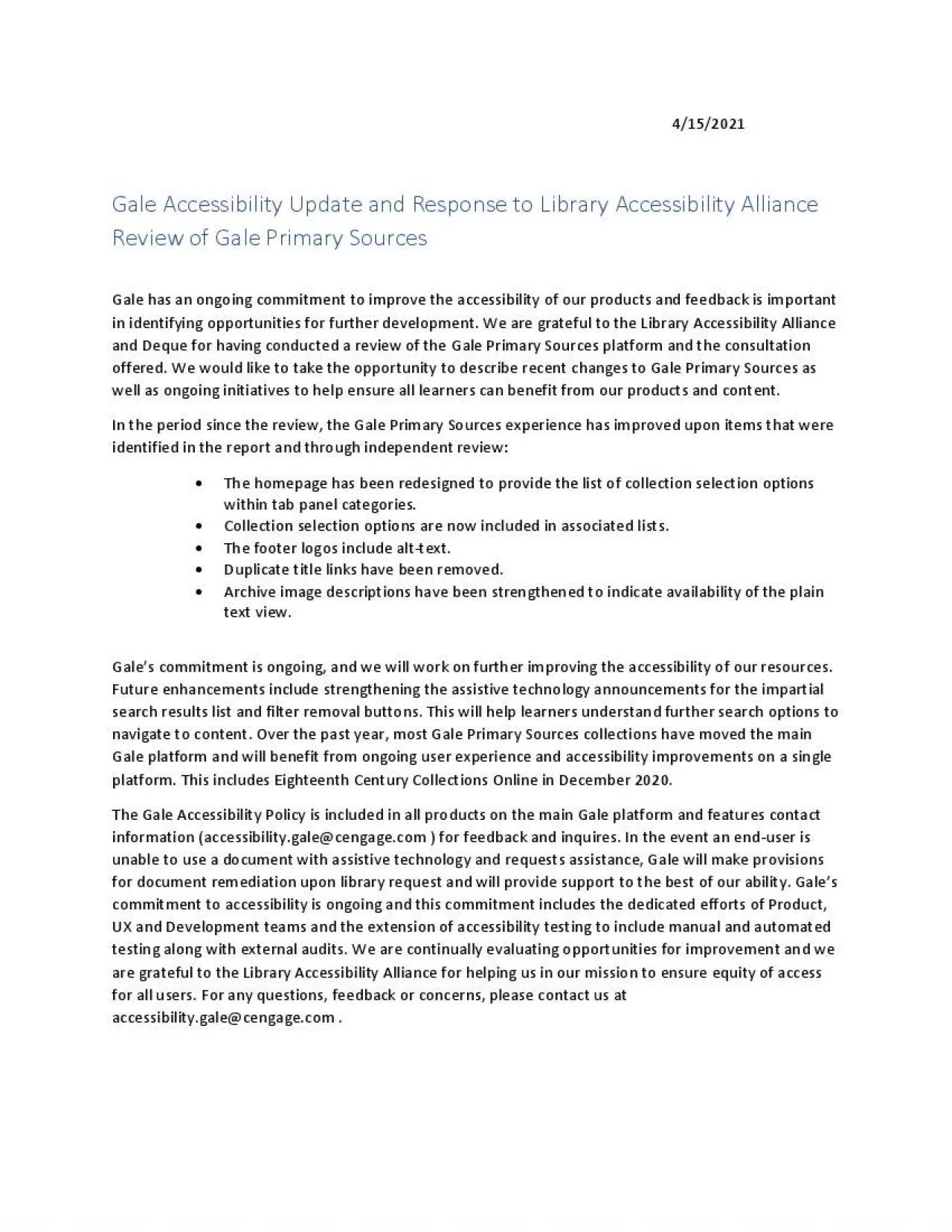 PDF-Gale Accessibility Update and Response to