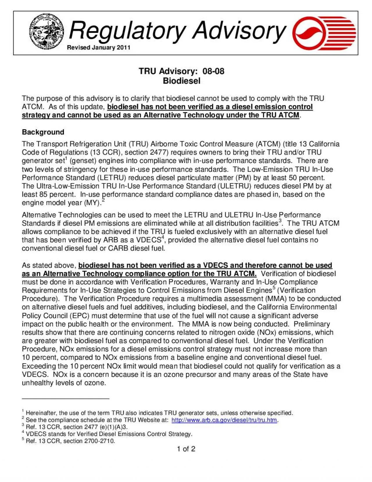 PDF-1 of 2TRU Advisory 0808 Biodiesel The purpose of this advisory is to