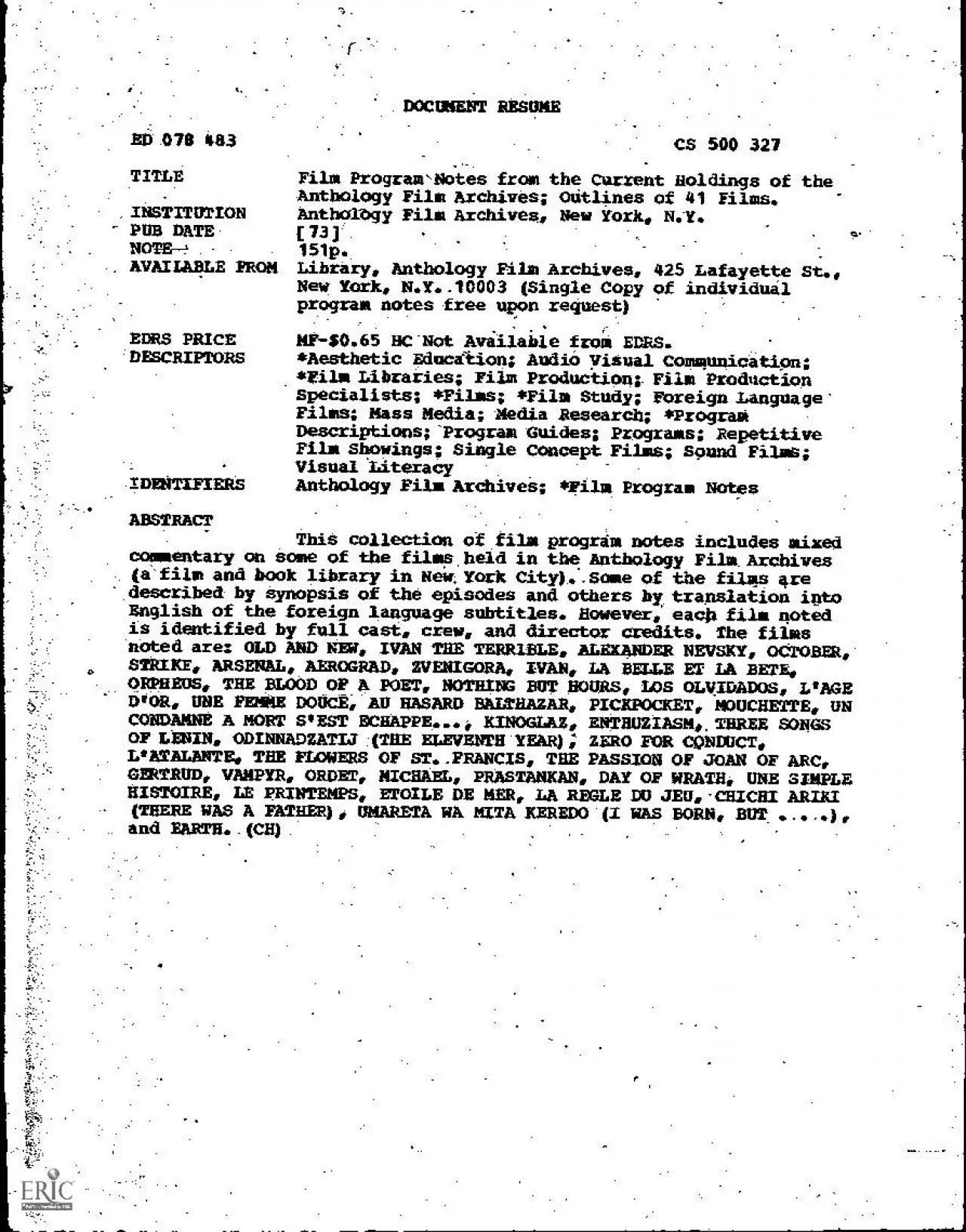 PDF-ED 078 483TITLEFilm Program NOtes from the Current Holdings of theAnt