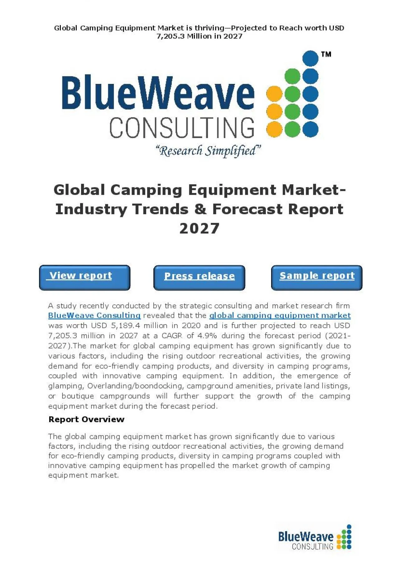 PDF-Camping Equipment Market Size, Share, Growth & Forecast 2027 | BlueWeave