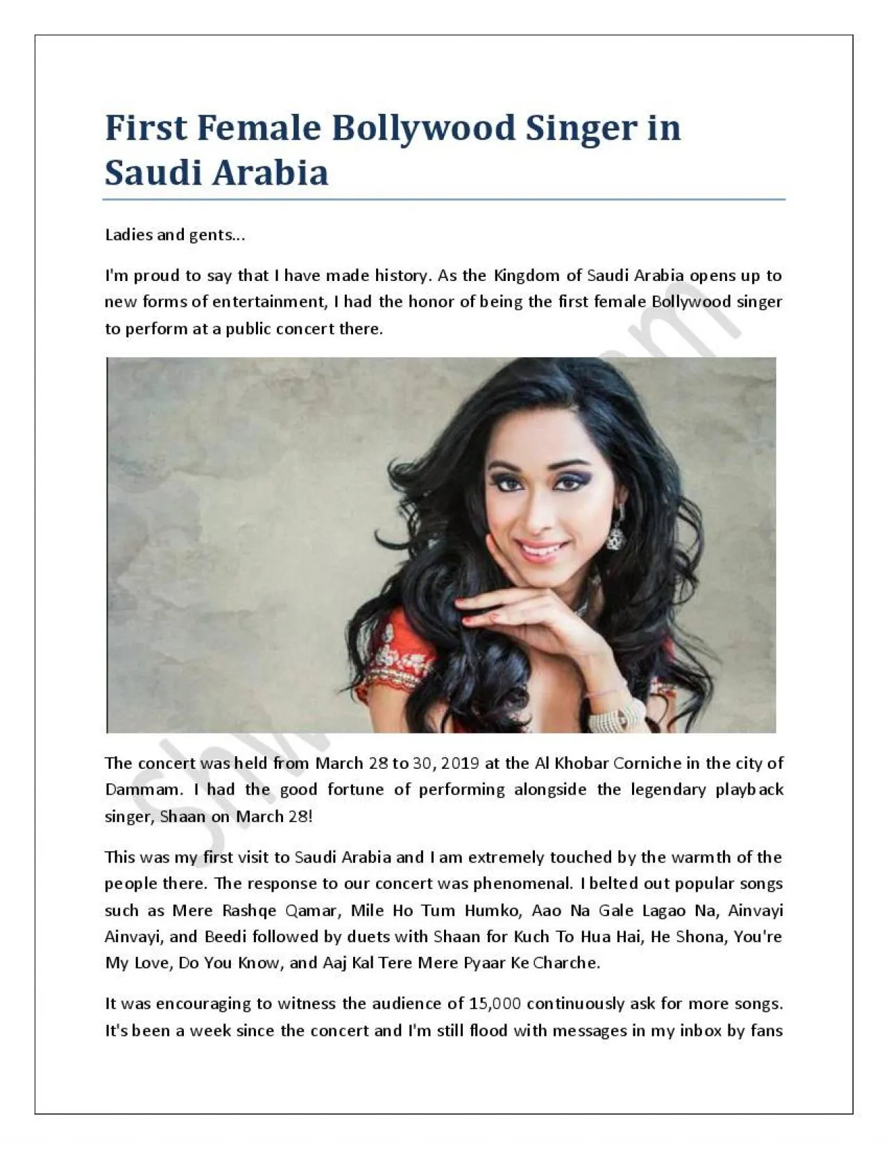 PDF-First Female Bollywood Singer in Saudi Arabia