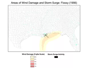 Areas of Wind Damage and Storm Surge: Flossy (1956)