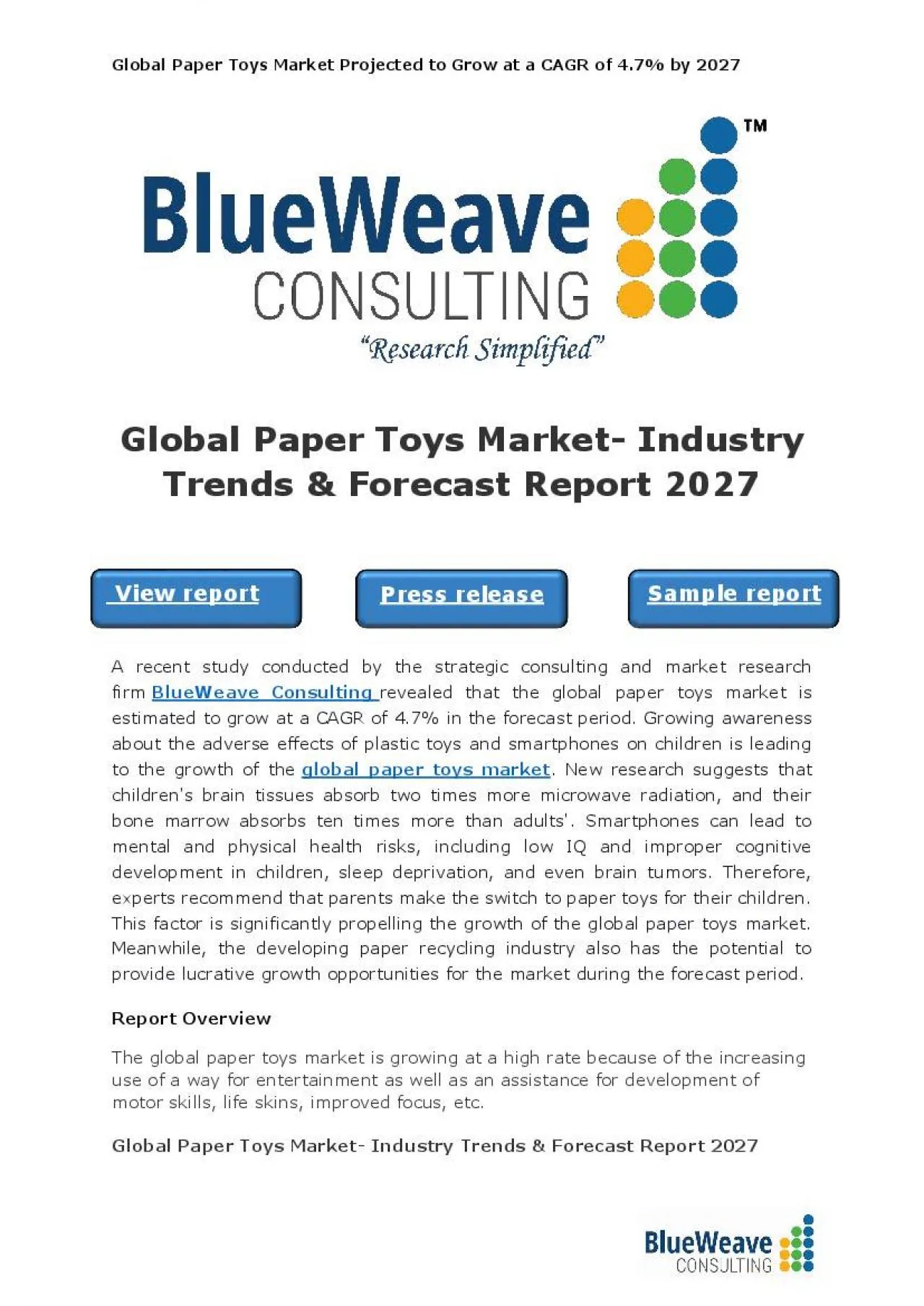 PDF-Global Paper Toys Market Size, Share, Growth & Forecast 2027 | BlueWeave