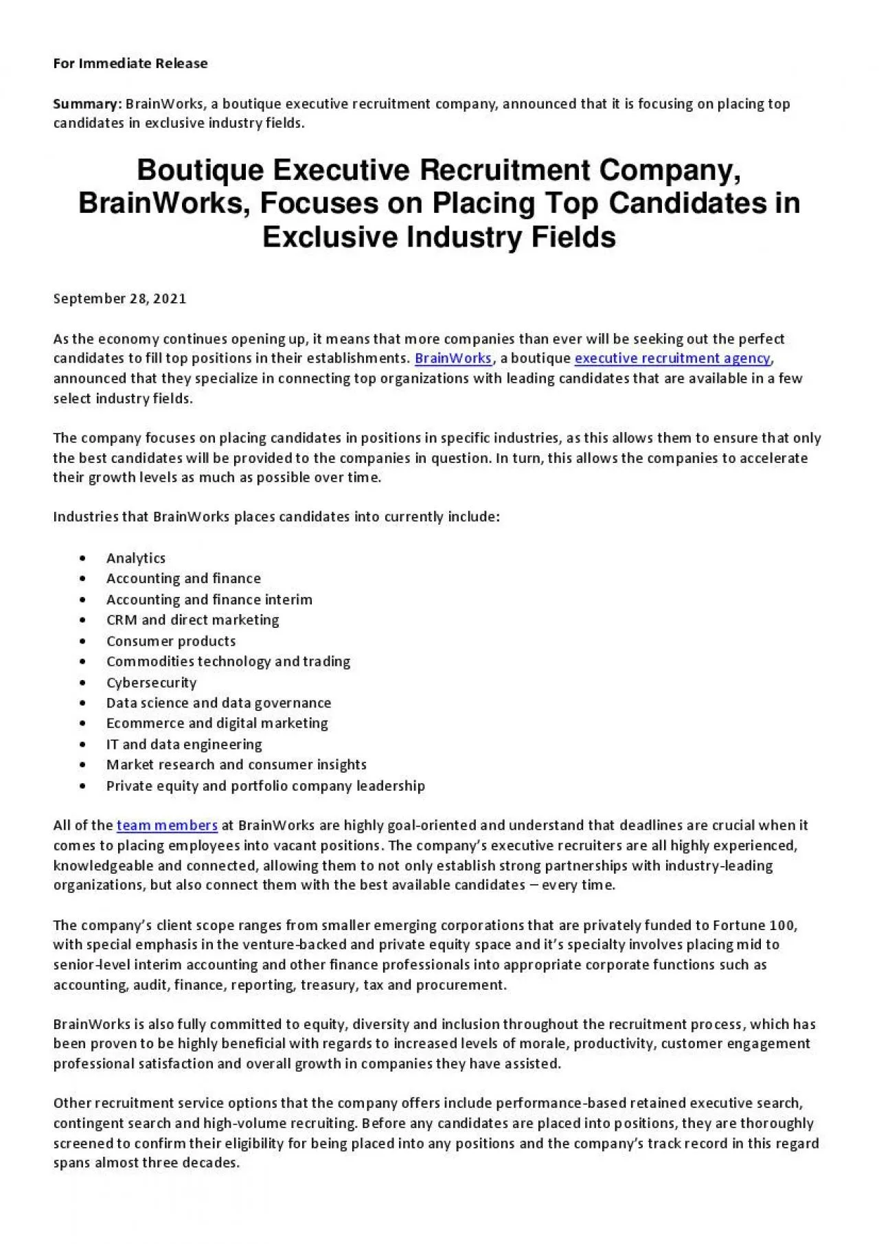 PDF-Boutique Executive Recruitment Company, BrainWorks, Focuses on Placing Top Candidates