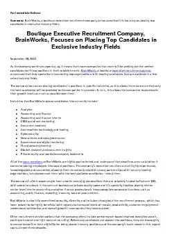 Boutique Executive Recruitment Company, BrainWorks, Focuses on Placing Top Candidates in Exclusive Industry Fields