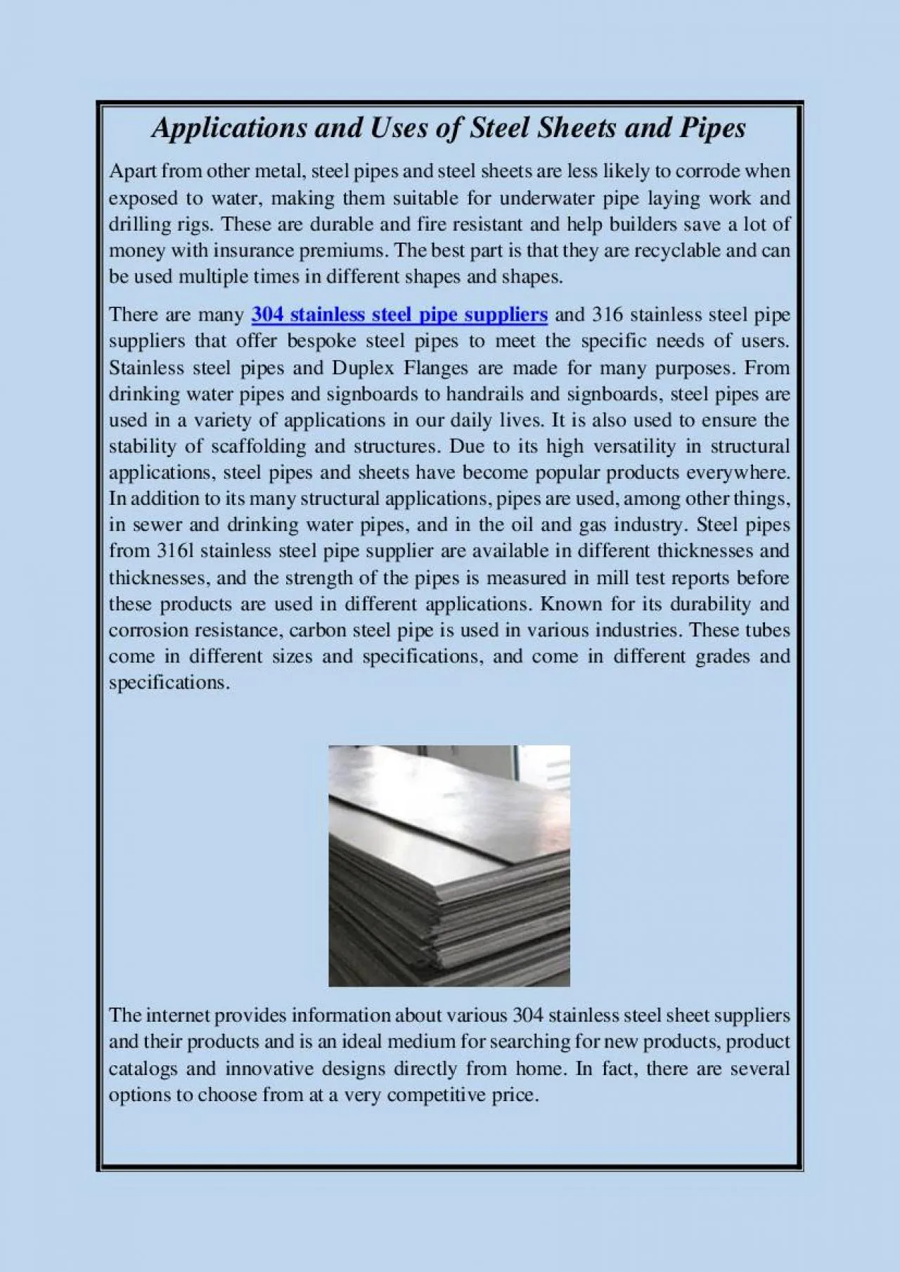 PDF-Applications and Uses of Steel Sheets and Pipes