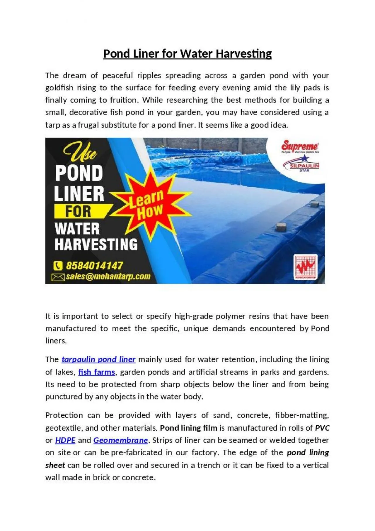 PDF-pond liner for water harvesting