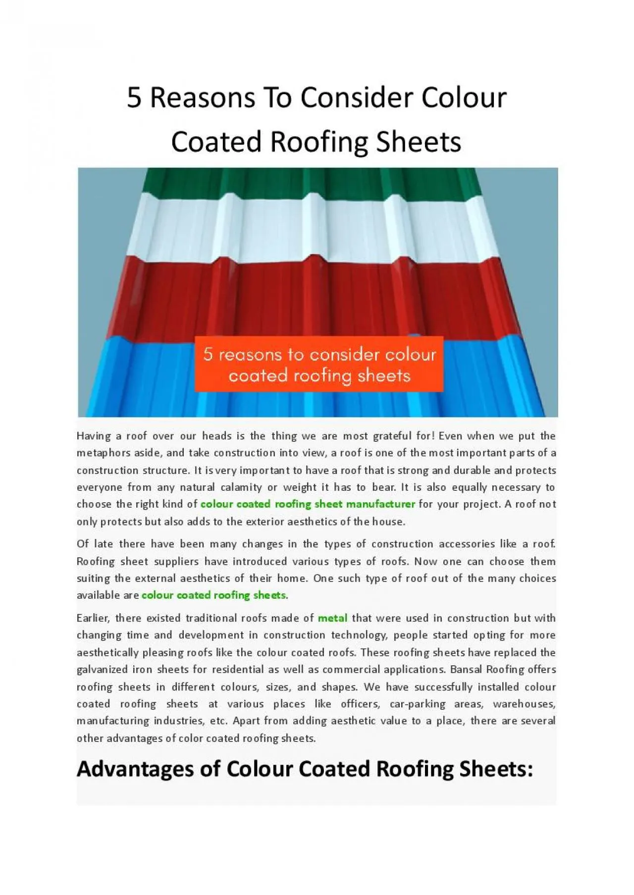 PDF-5 Reasons To Consider Colour Coated Roofing Sheets - Bansal Roofing