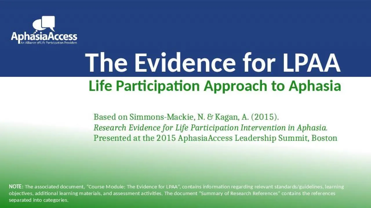 PPT-The Evidence for LPAA Life Participation Approach to Aphasia