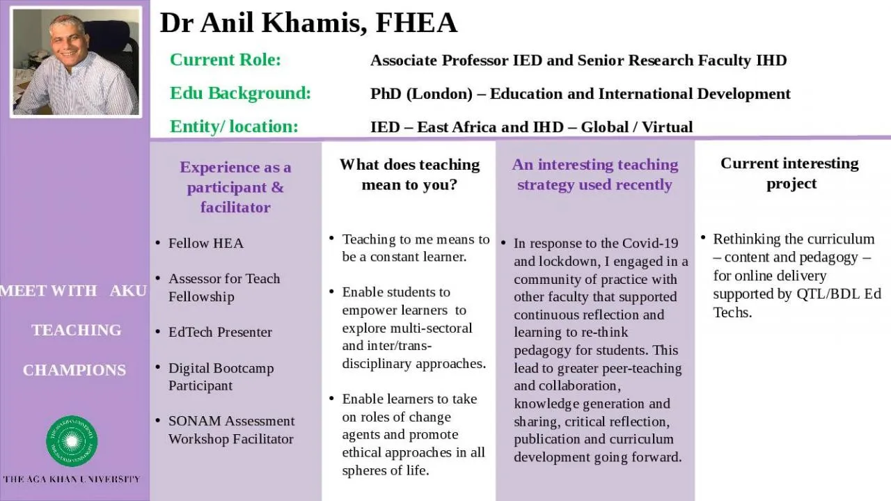 PPT-Current Role: Associate Professor IED and Senior Research Faculty IHD